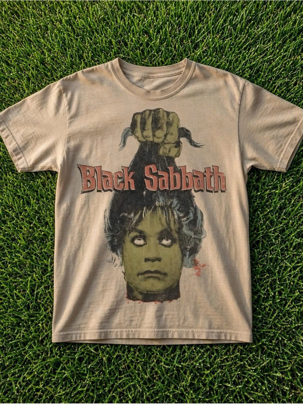 Gildan Beige Black Sabbath Graphic Tee with Green Print